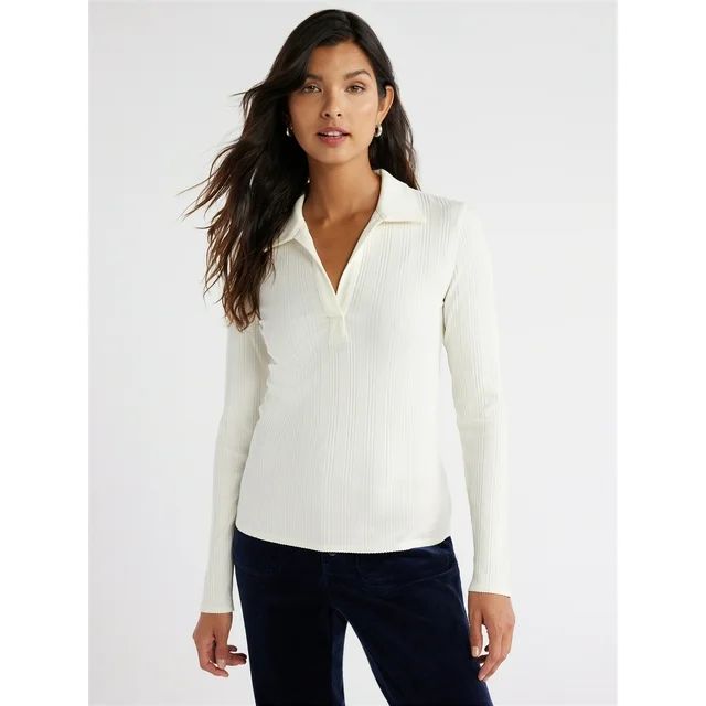 Free Assembly Women's Open Neck Polo Top with Long Sleeves, Sizes XS-XXXL | Walmart (US)