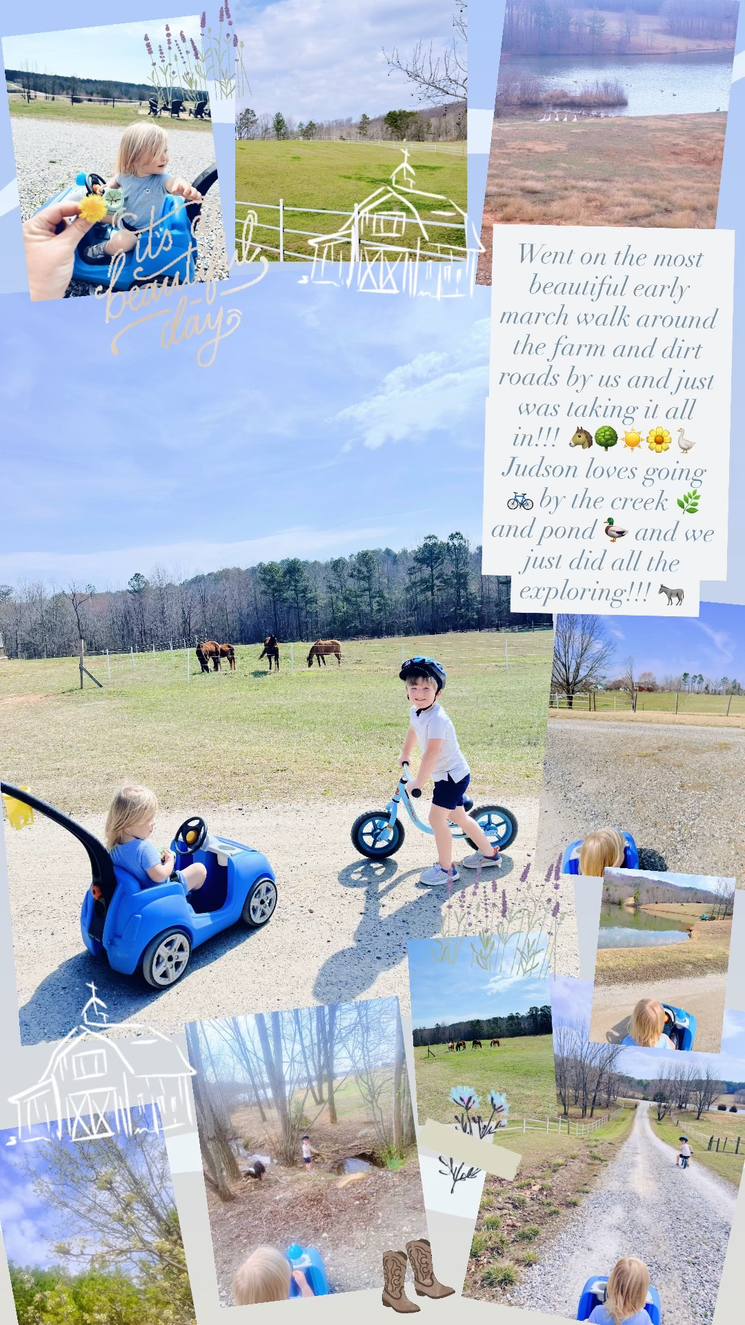 Went on the most beautiful early march walk around the farm and dirt roads by us and just was taking it all in!!! 🐴🌳☀️🌼🪿 Judson loves going 🚲 by the creek 🌿 and pond 🦆 and we just did all the exploring!!! 🫏 