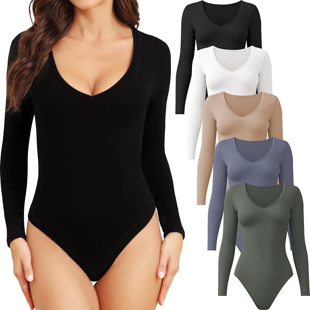 CE' CERDR 4/5 Pack Long Sleeve Bodysuits for Women Deep V Neck Stretchy Basic Body Suit Tops | Amazon (US)