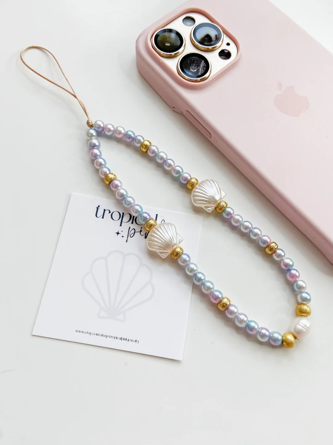 Mermaid Dreams Clams and Pearls Themed Cell Phone Charm White Clam Pearl Pink Seashell Beaded Pho... | Etsy (US)