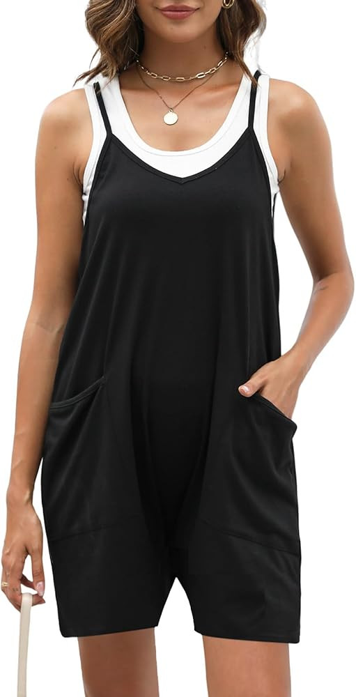Nfsion Women's Casual Sleeveless Rompers Loose Spaghetti Strap Shorts Jumpsuit with Pockets | Amazon (US)