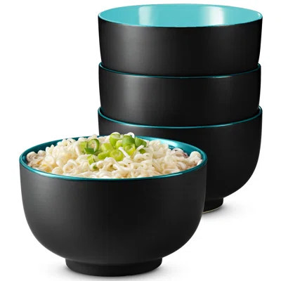Ceramic Ramen Bowl, Japanese Bowls, Noodle Bowls, Large Soup Bowl,Large Capacity,Microwave And Dishwasher Safe, 34 Oz, (Set Of 4/Black And Teal) | Wayfair North America