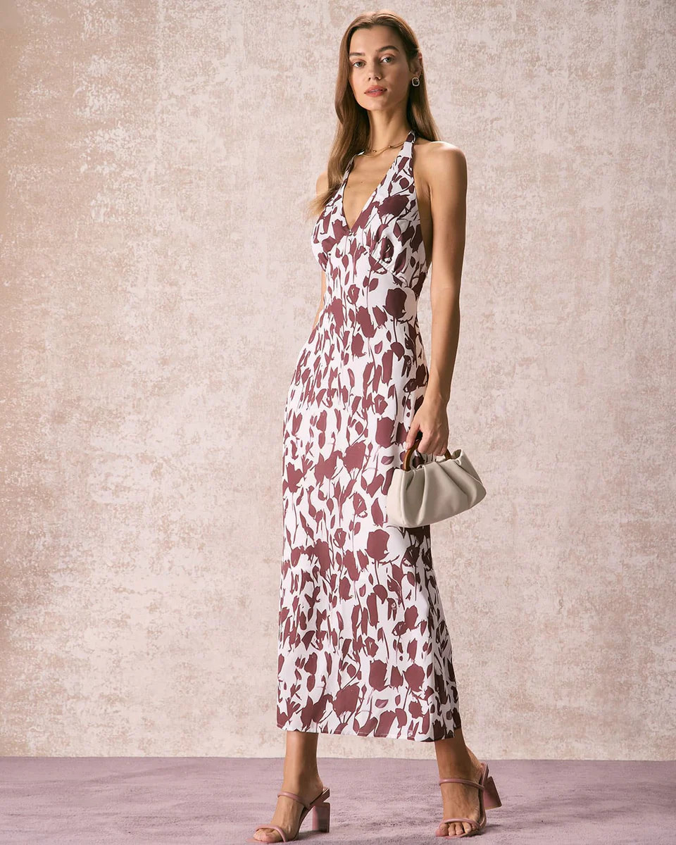 The Coffee V Neck Floral Backless Maxi Dress & Reviews - Coffee - Dresses | RIHOAS | rihoas.com
