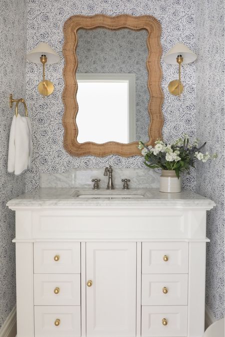 Bathroom decor, bathroom vanity, oak vanity, Home Depot, Wayfair, faucet, Kingston brass, Serena and lily wallpaper, home decor, spring decor, neutral decor

#LTKCyberWeek #LTKHoliday #LTKhome