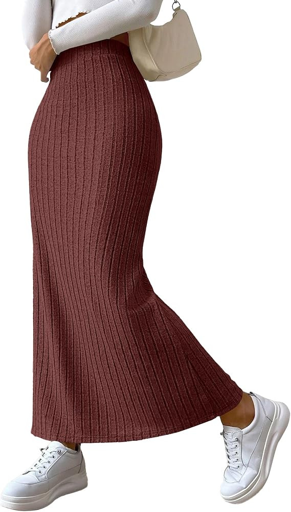 Rooscier Women's Side Slit Ribbed Knit Bodycon High Waisted Casual Long Skirts | Amazon (US)