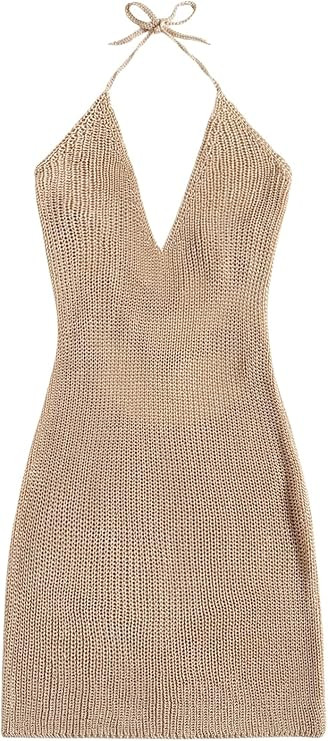 Floerns Women's Knitted Halter Neck Tie Back Sleeveless Beach Dress Cover Up | Amazon (US)