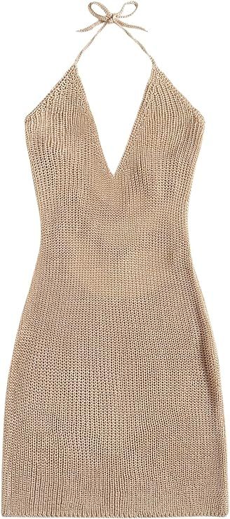 Floerns Women's Knitted Halter Neck Tie Back Sleeveless Beach Dress Cover Up | Amazon (US)