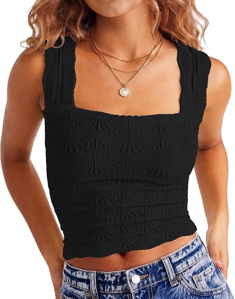 DouBCQ Women Cute Crop Tank Top Square Neck Wide Strap Vest Slim Fit Floral Lettuce Trim Cropped ... | Amazon (US)