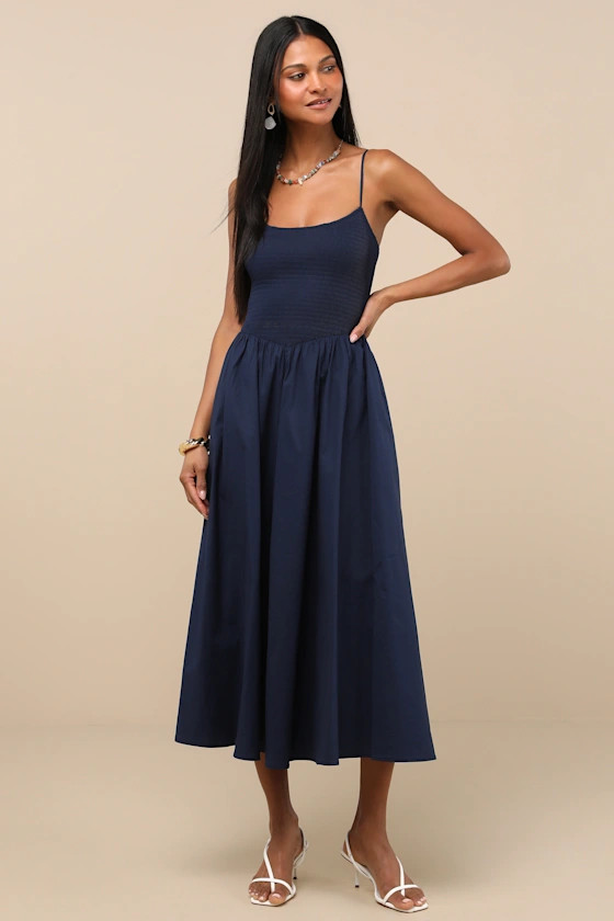 Tandria Navy Smocked Sleeveless Midi Dress | Lulus