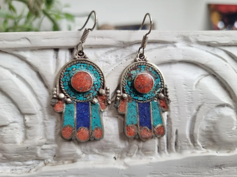 TRIBAL DROP EARRINGS 925 Silver With Hamsa Hand and Turquoise Stones, Lapis Lazuli and Red Coral,... | Etsy (US)