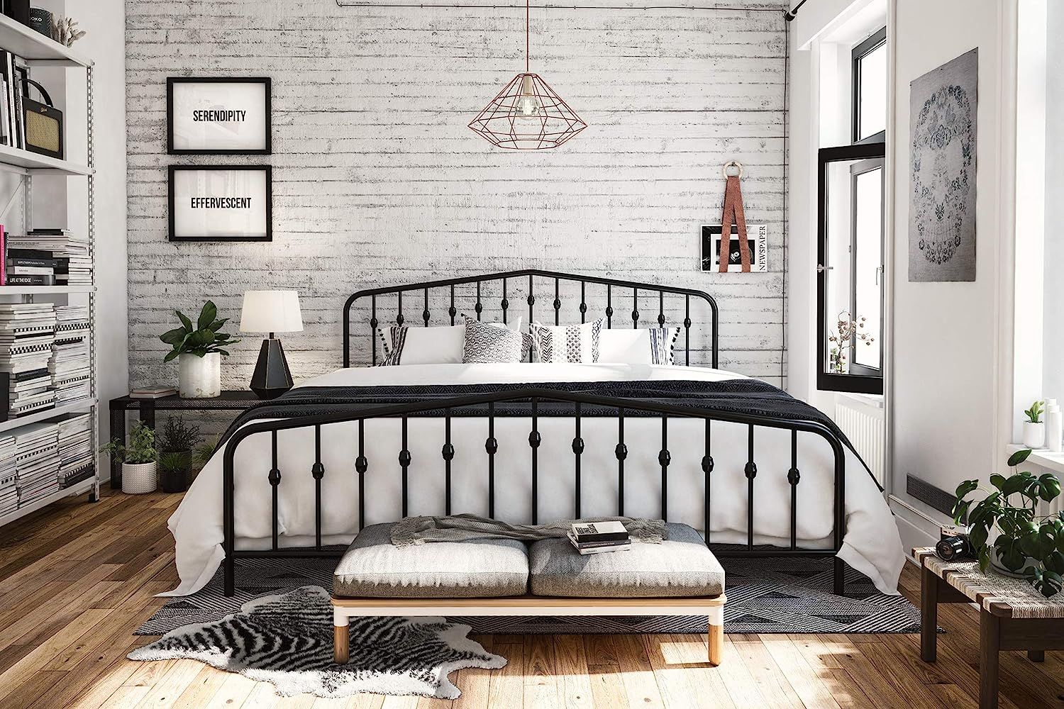 Novogratz Bushwick Metal Bed with Headboard and Footboard | Modern Design | King Size - Black | Amazon (US)