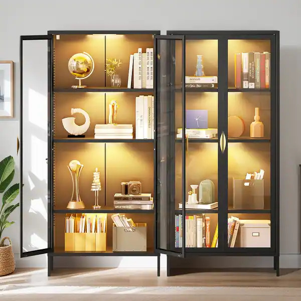 Moasis 70 inch Display Cabinet Bookshelves with Glass Doors and 3 Adjustable Shelves - Bed Bath &... | Bed Bath & Beyond