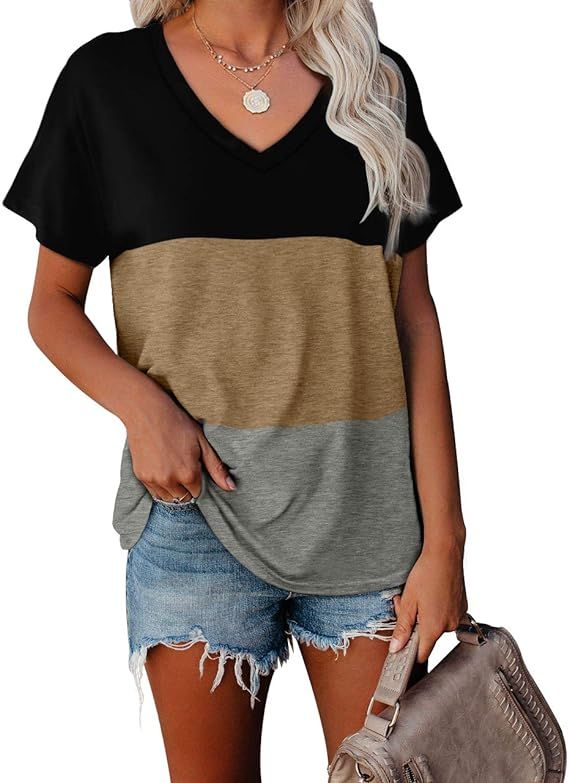 WEESO T Shirts for Women V Neck Summer Color Block Tops | Amazon (US)