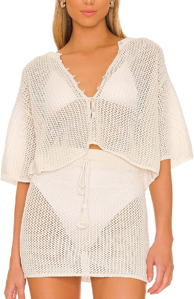 Women's 2 Pieces Bikini Swimwear Cover Up Sets Hollow Out 3/4 Sleeves Crop Top Mini Skirt Crochet... | Amazon (US)