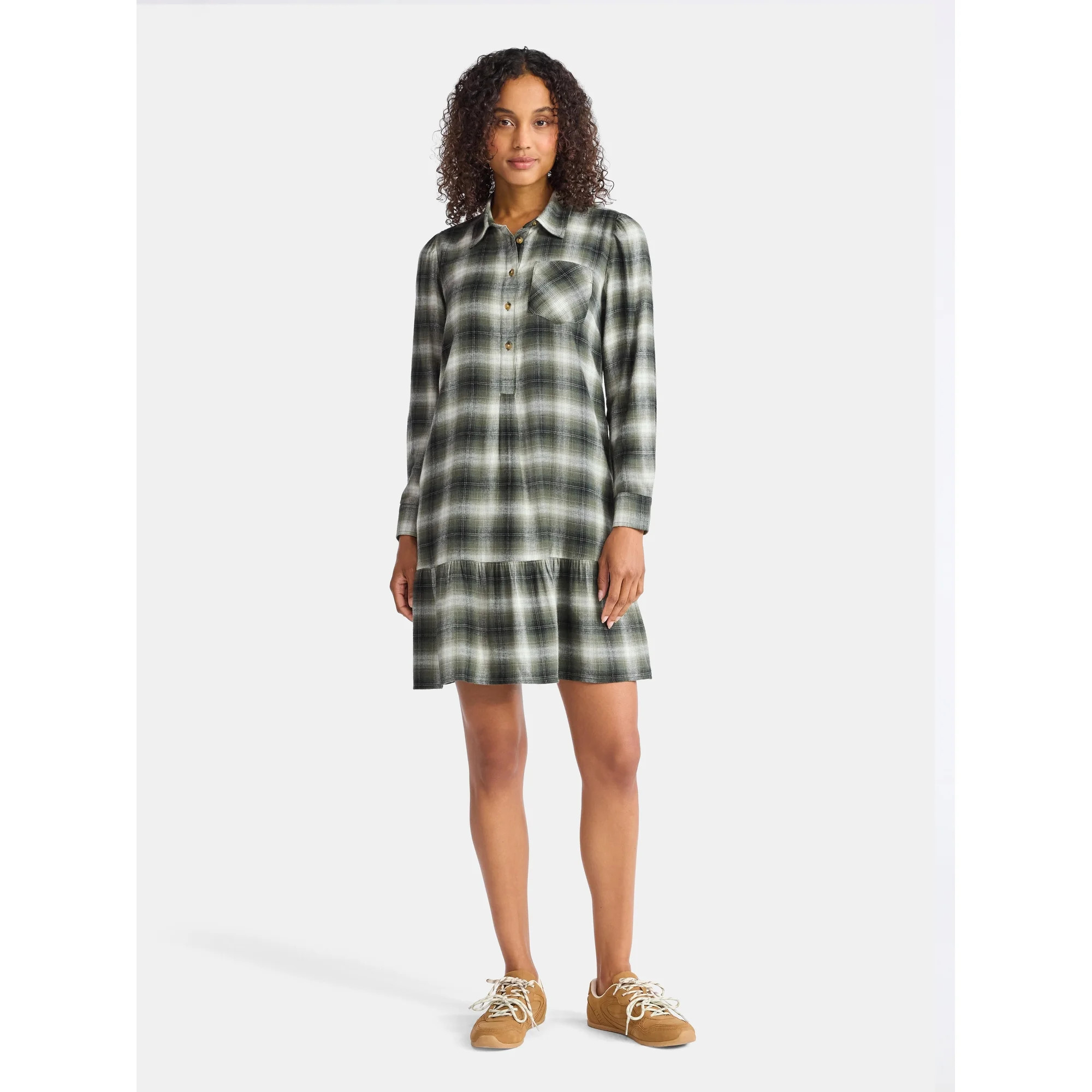 Time and Tru Women's Plaid Mini Dress with Long Sleeves, Sizes XS-XXXL | Walmart (US)