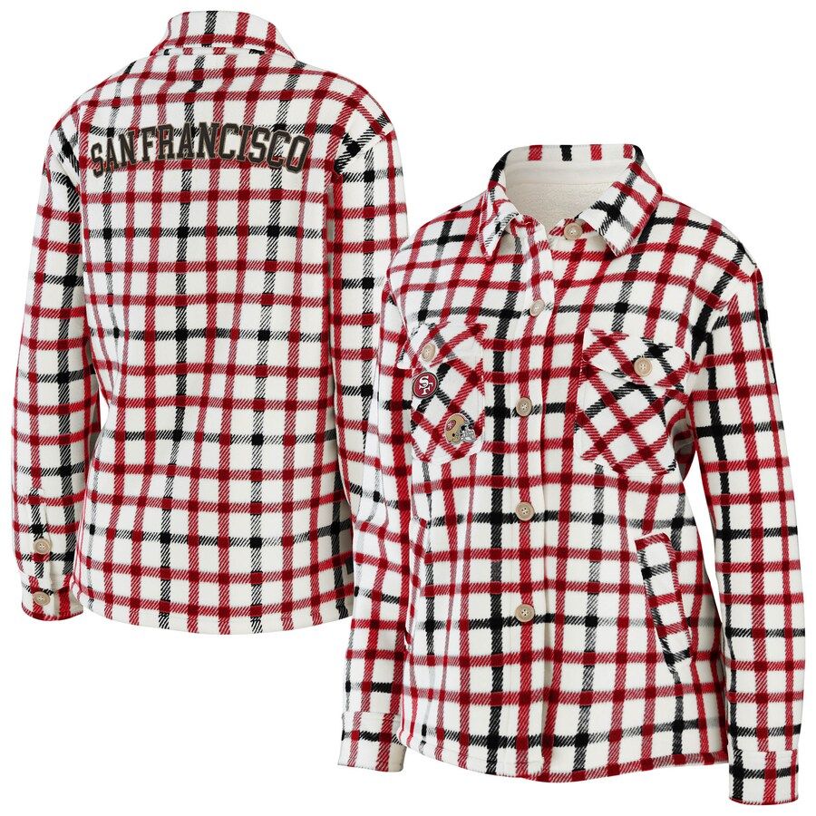 San Francisco 49ers WEAR by Erin Andrews Women's Plaid Button-Up Shirt Jacket - Oatmeal/Scarlet | Fanatics