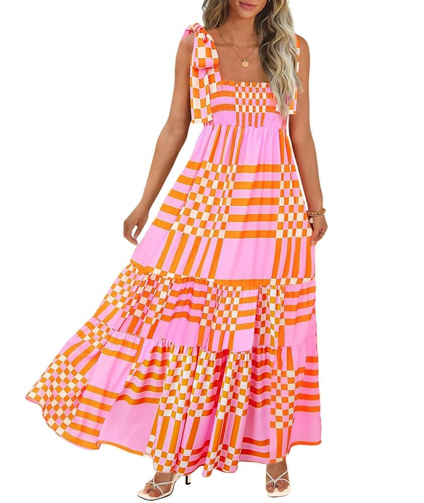 Women's Summer Maxi Dress Boho Spaghetti Straps Casual Long A-line Smocked Beach Dress Square Nec... | Amazon (US)
