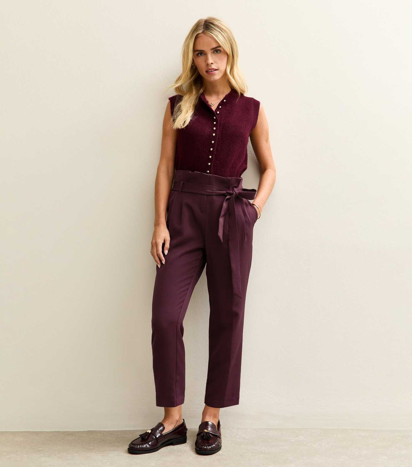 Petite Burgundy Paperbag Waist Trousers | New Look | New Look (UK)