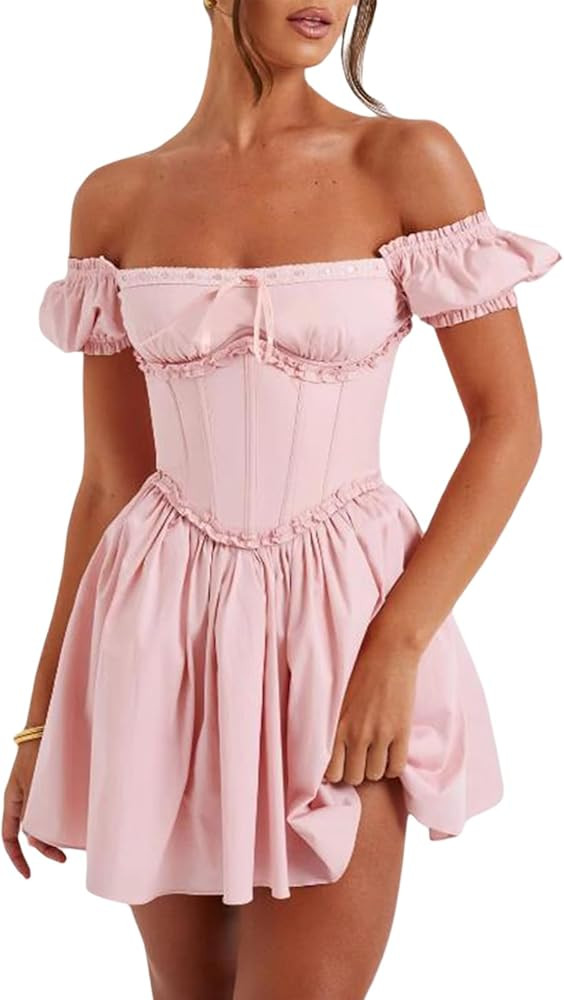 Women Short Sleeve Corset Mini Dress Backless Going Out Flowy Solid Color Fairy Cocktail Party Cl... | Amazon (US)