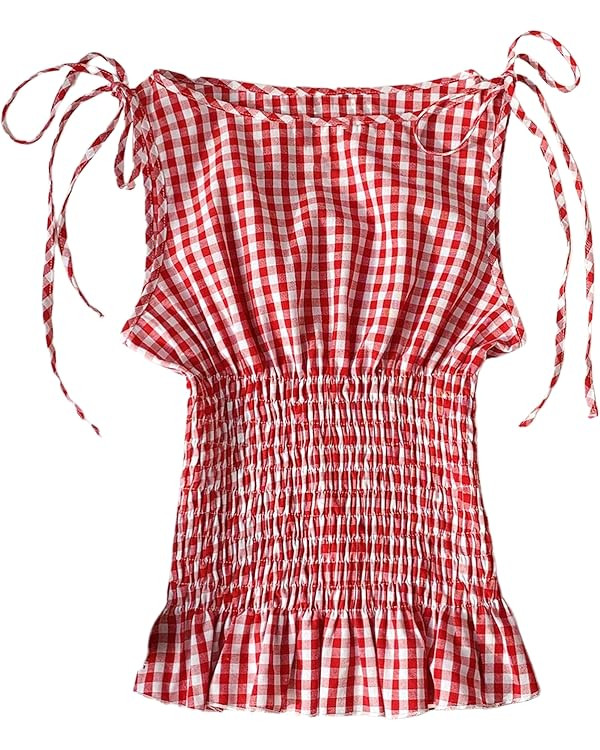 GORGLITTER Women's Y2k Gingham Tank Tops Tie Shoulder Sleeveless Boat Neck Ruffle Shirred Crop To... | Amazon (US)