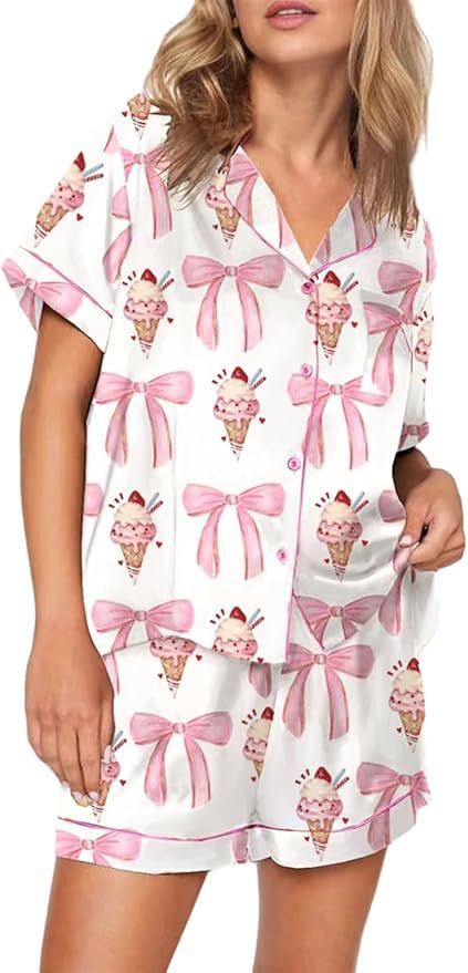 Cute Bow Pajamas for Women Y2k Silk 2 Piece Printed Preppy Pjs Shorts Set Matching Pj Aesthetic P... | Amazon (US)