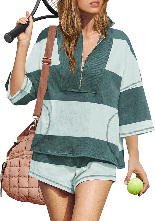 ReachMe Womens Workout Striped Short Sets 2 Piece Outfits Summer Matching Lounge Sets Top and Sho... | Amazon (US)