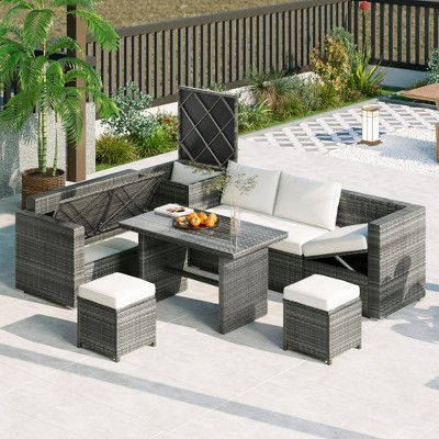 GDFStudio Taifa Outdoor 6 Piece Rattan Furniture Set with Adjustable Seat, Storage Box, Beige | Target