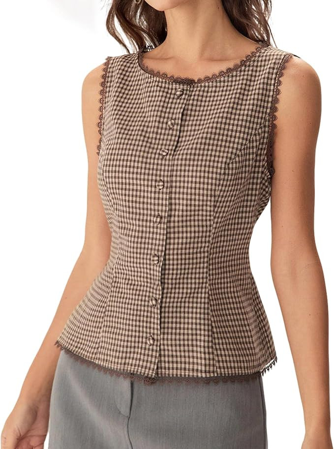 RIHOAS Women's Brown Plaid Sleeveless Button Down Blouse - Lace Trim Fitted Waist Business Casual... | Amazon (US)