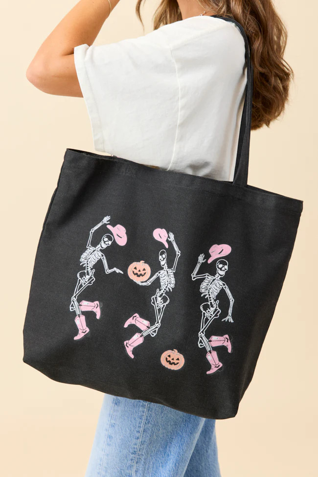 Dancing Skeletons Washed Black Graphic Tote Bag | Pink Lily