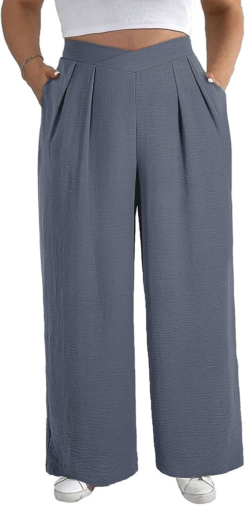 Eytino Womens Plus Size Wide Leg Pants Crossover Waist Pleated Front Casual Work Pants Lounge Tro... | Amazon (US)