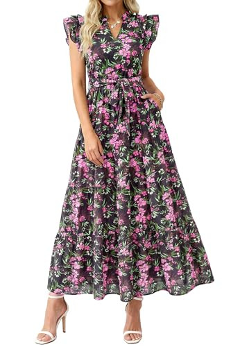 dowerme Women Summer Maxi Dresses 2026 Ruffle Sleeve V Neck Floral Boho Long Dress Belted Tiered ... | Amazon (US)