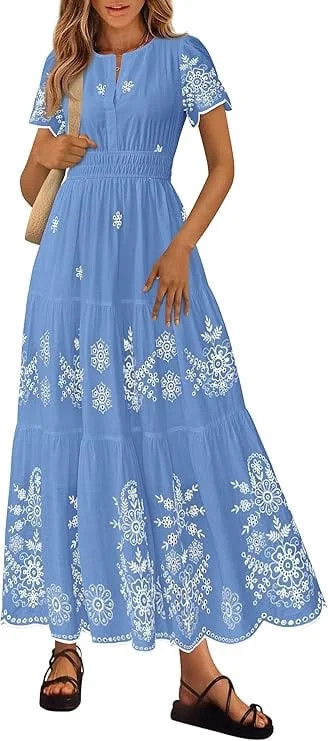 PRETTYGARDEN Boho Dresses for Women Summer Spring Casual Floral Short Sleeve V Neck Maxi Elastic ... | Walmart (US)