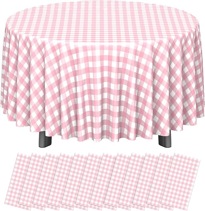 12 Pack Pink Gingham Tablecloth Round, Premium Decorative Disposable Pink and White Checkered Pla... | Amazon (US)