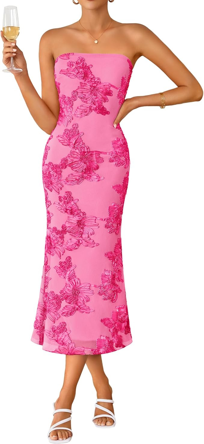 ZESICA Women's Summer Strapless Floral Midi Dress 2026 Bodycon Mesh Tube Wedding Guest Cocktail P... | Amazon (US)