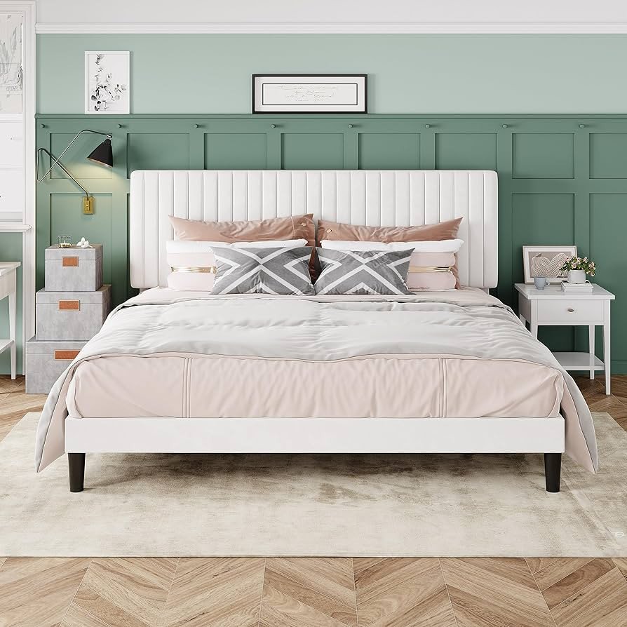 Allewie King Bed Frame, Velvet Upholstered Platform Bed with Adjustable Vertical Channel Tufted H... | Amazon (US)
