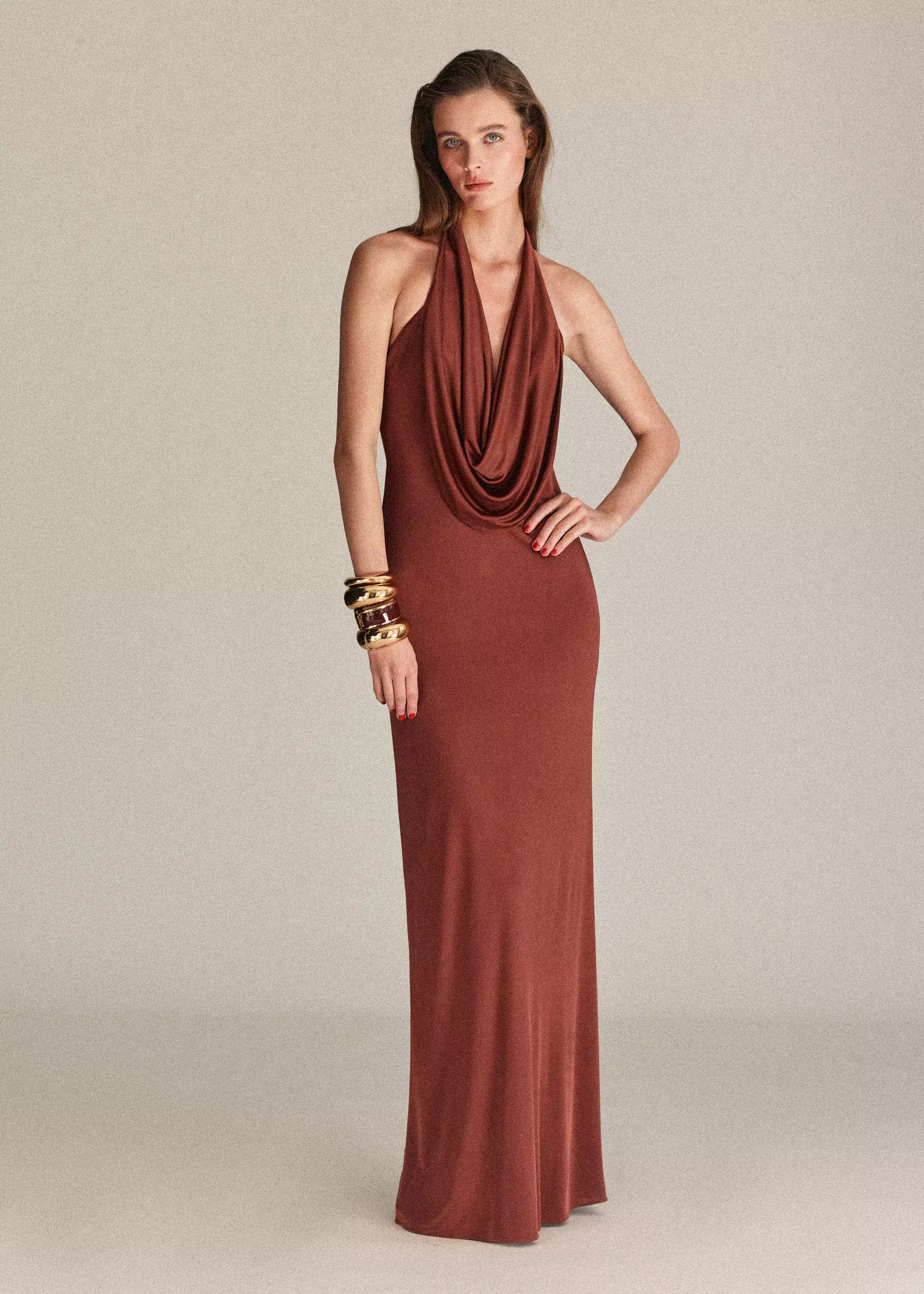 Satin knit dress with a draped neckline | MANGO (UK)