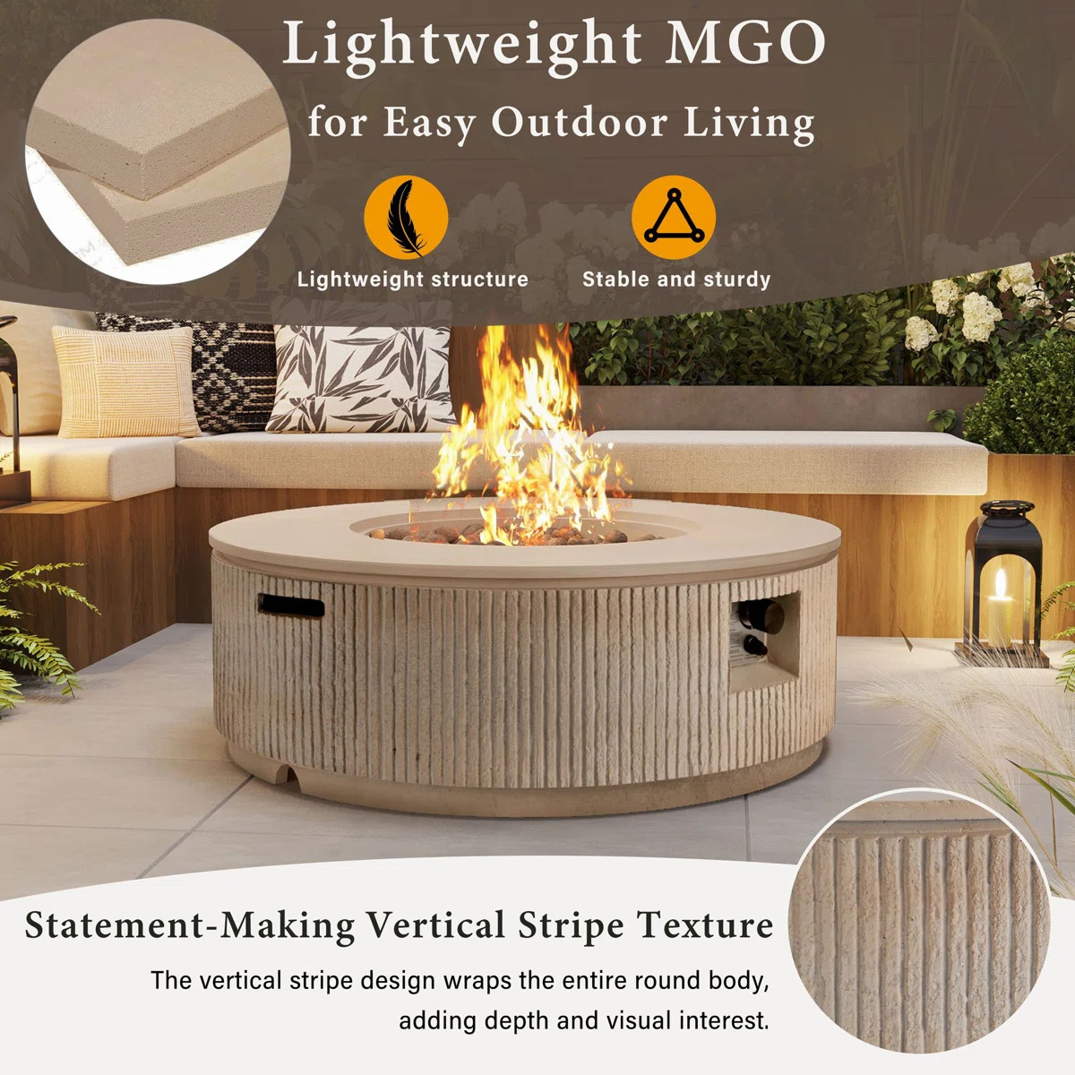 38.19'' 50000 BTU Propane Outdoor Round Fire Pit With Vertical Stripe Design | Wayfair North America