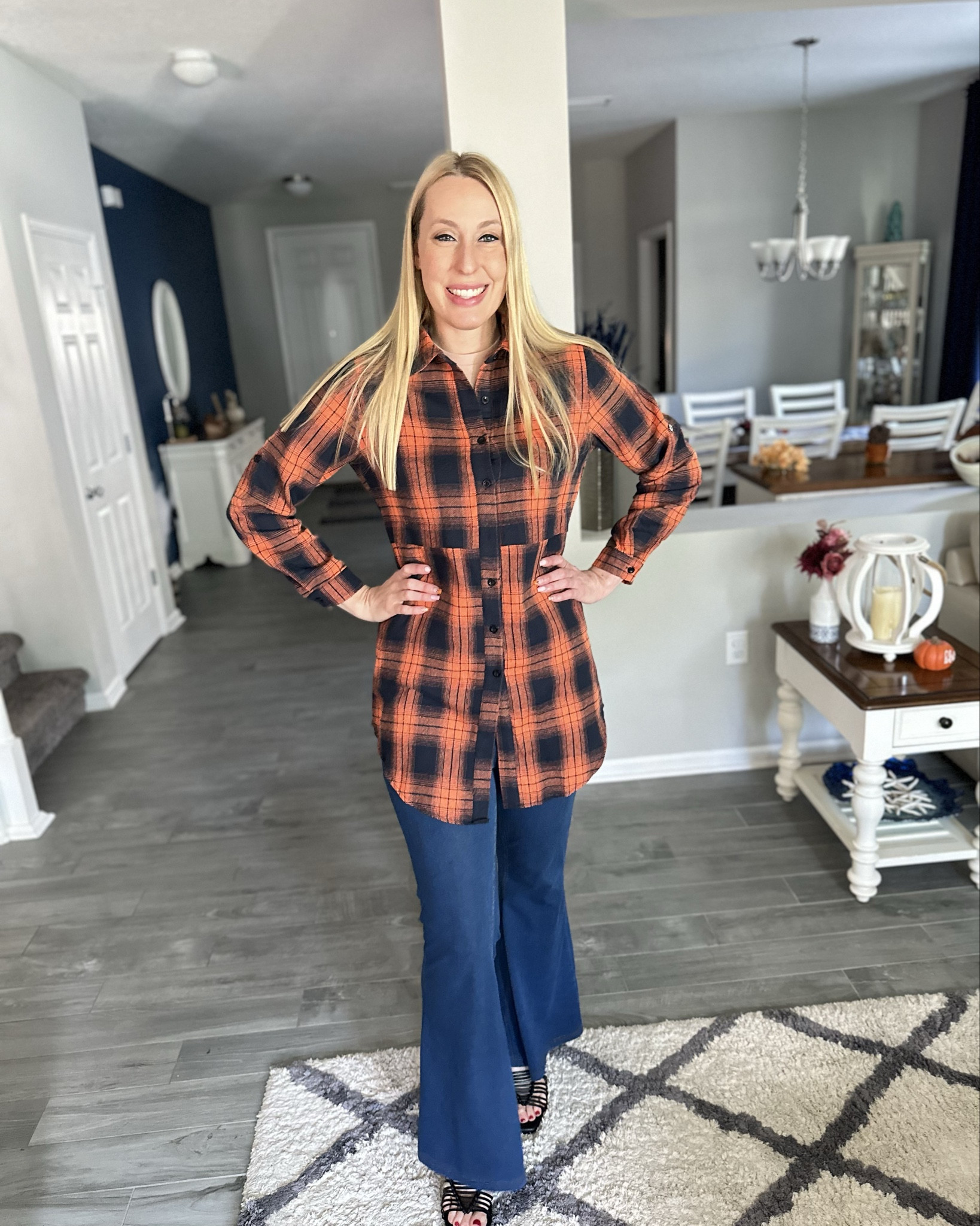 Extra long orange and black flannel shirt 
🤍 cute pumpkin picking shirt 
🤍soft, warm and I love the length 
🤍 wearing size small, I’m 5’10” and it fits true to size

#LTKStyleTip #LTKFindsUnder100 #LTKFindsUnder50