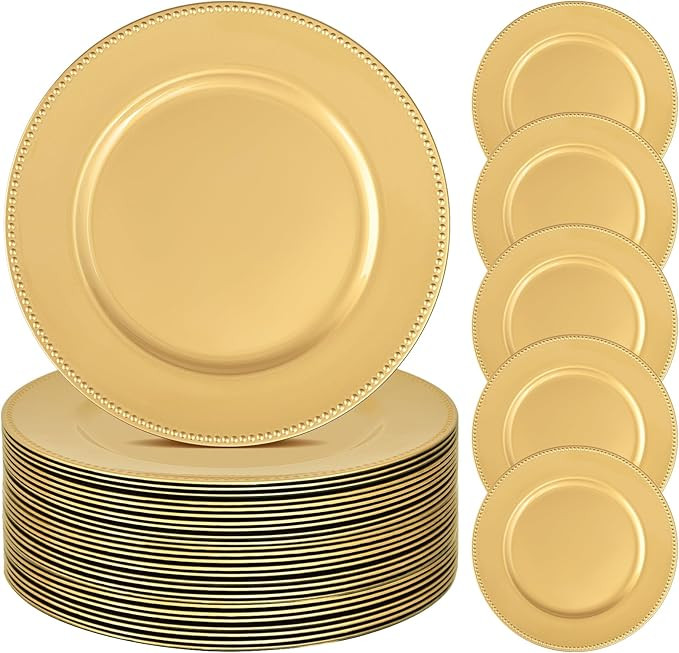 24 Pcs Gold Charger Plates Bulk, 13" Round Beaded Plate Chargers for Dinner Plates, Decorative Di... | Amazon (US)