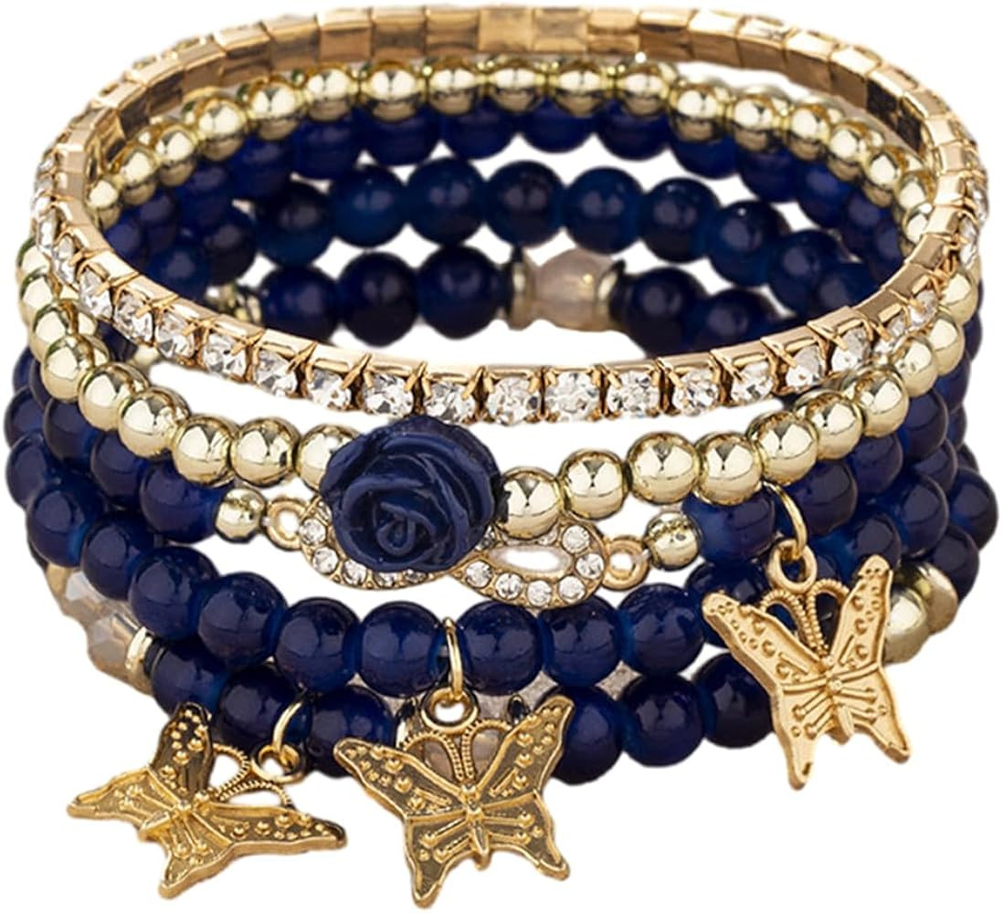 4 Pcs Cute Butterfly Charm Bracelets Set Gold Beaded Stackable Stretch Bracelets Bohemian Summer ... | Amazon (US)
