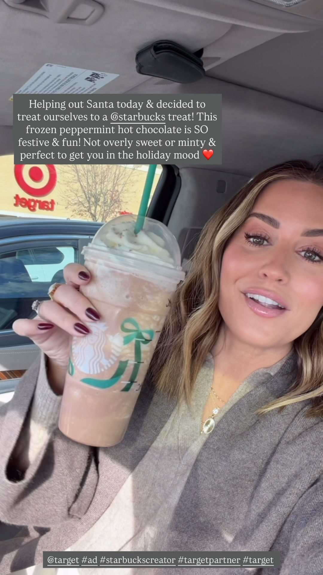 #ad If you’re running any last minute holiday errands at @target, may we suggest treating yourself to the @starbucks Frozen Peppermint Hot Chocolate?! It’s SO good (not overly sweet or minty) and is the festive addition to any shopping adventure. Available in store or you can add to your drive-up order! #starbuckscreator #targetpartner #target 

#LTKHoliday #LTKFindsUnder50