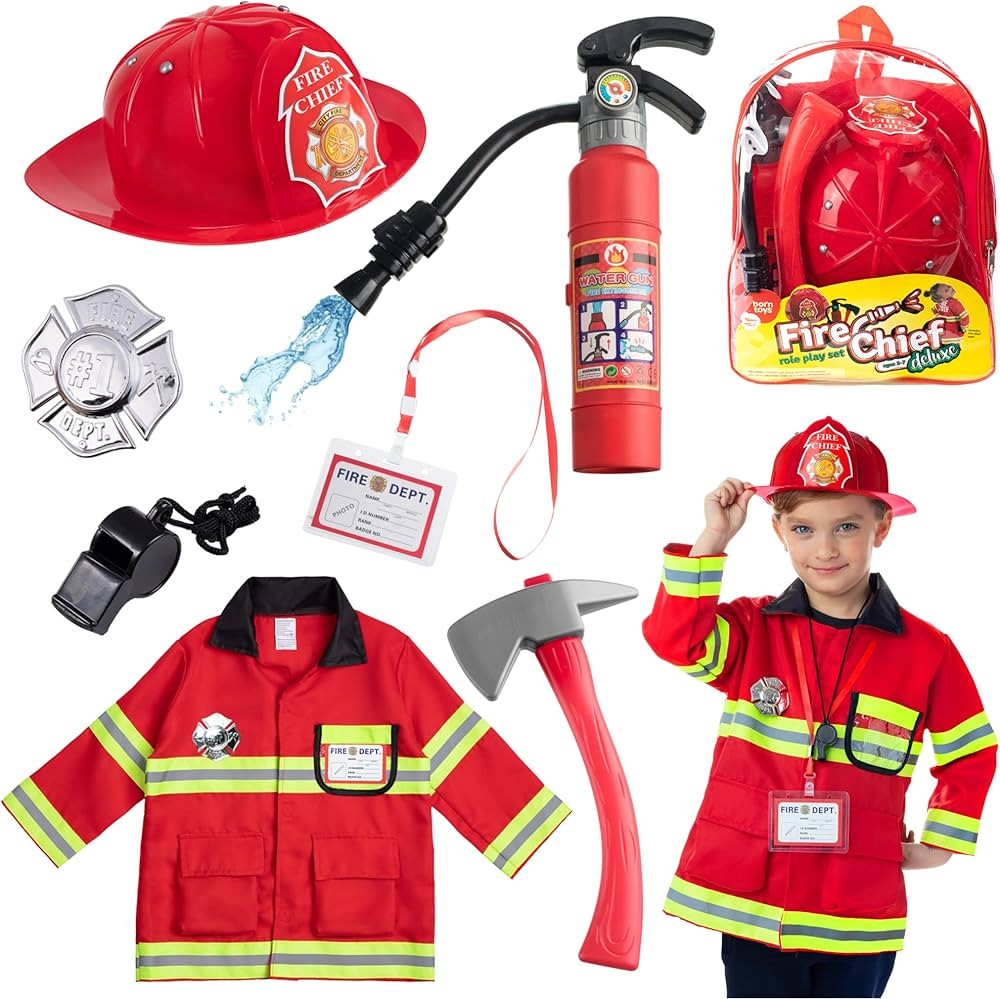 Born Toys 8 PC Premium Washable Kids Fireman Costume Toy for Kids,Boys,Girls,Toddlers, and Childr... | Amazon (US)