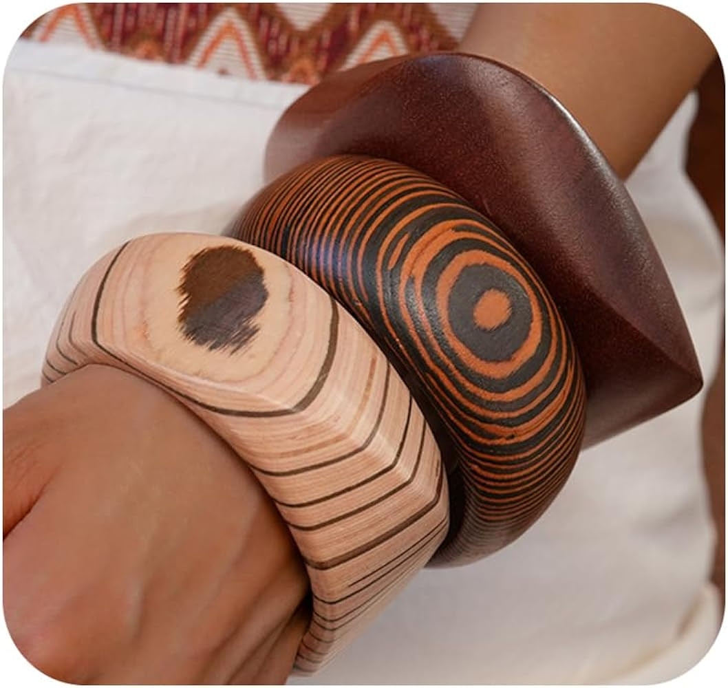 Handmade Chunk Wooden Bangle Bracelets for Women Retro Rivet Big Wide Cuff Stackable Bracelet Set... | Amazon (US)