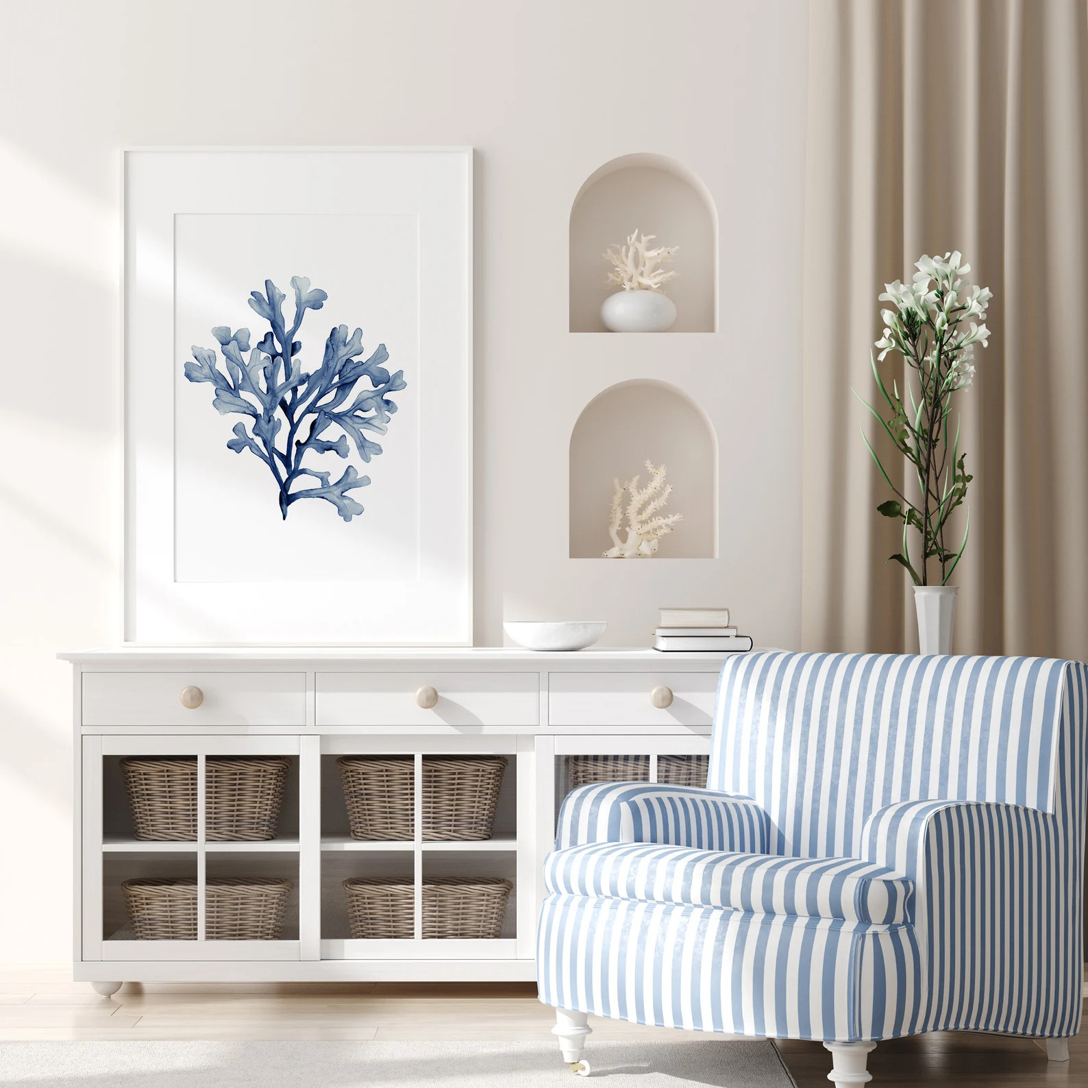 Coral Seaweed, Navy Blue Watercolor Set of 3 Prints, Minimalist Artwork, Botanical Print, Nautica... | Etsy (US)