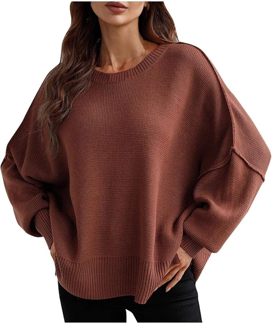 Women's Fall Clothes Autumn and Winter Solid Round Neck Long Sleeve Knit Sweater Pullover Clothes | Amazon (US)