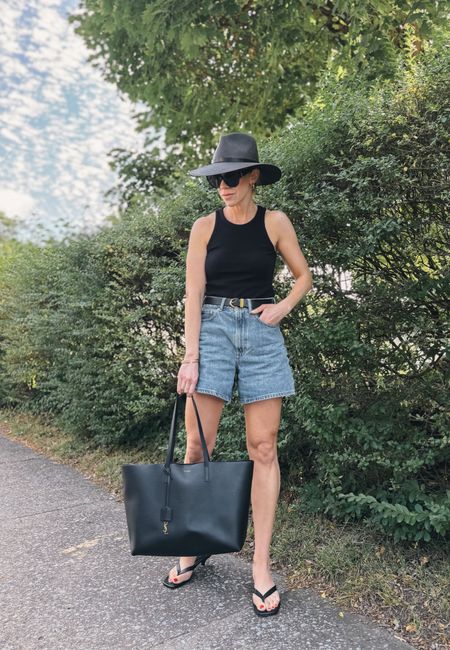 Summer outfit with black straw hat, Everlane denim shorts, black thong sandals, YSL tote bag 

#LTKItBag #LTKFindsUnder100 #LTKSummerSales
