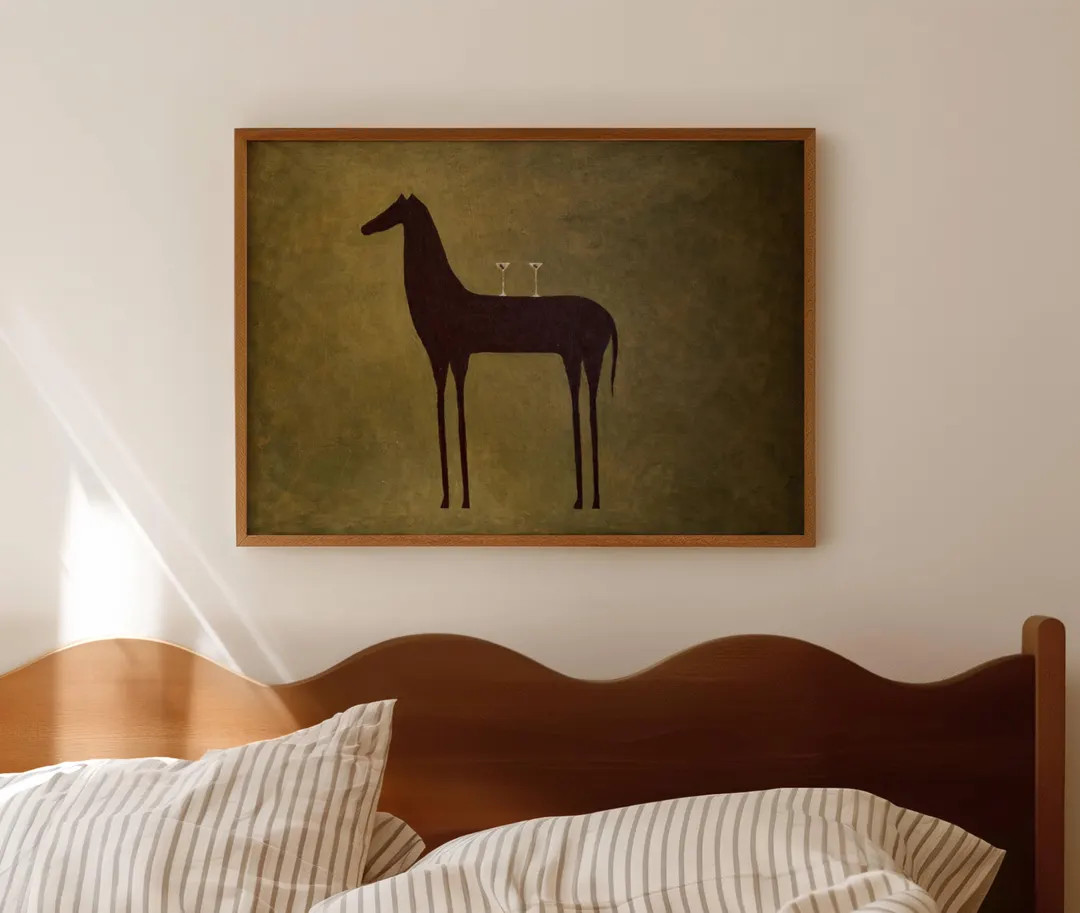 Surreal Minimalist Black Horse Oil Painting with Martinis Print, Horizontal Contemporary Wall Art... | Etsy (US)