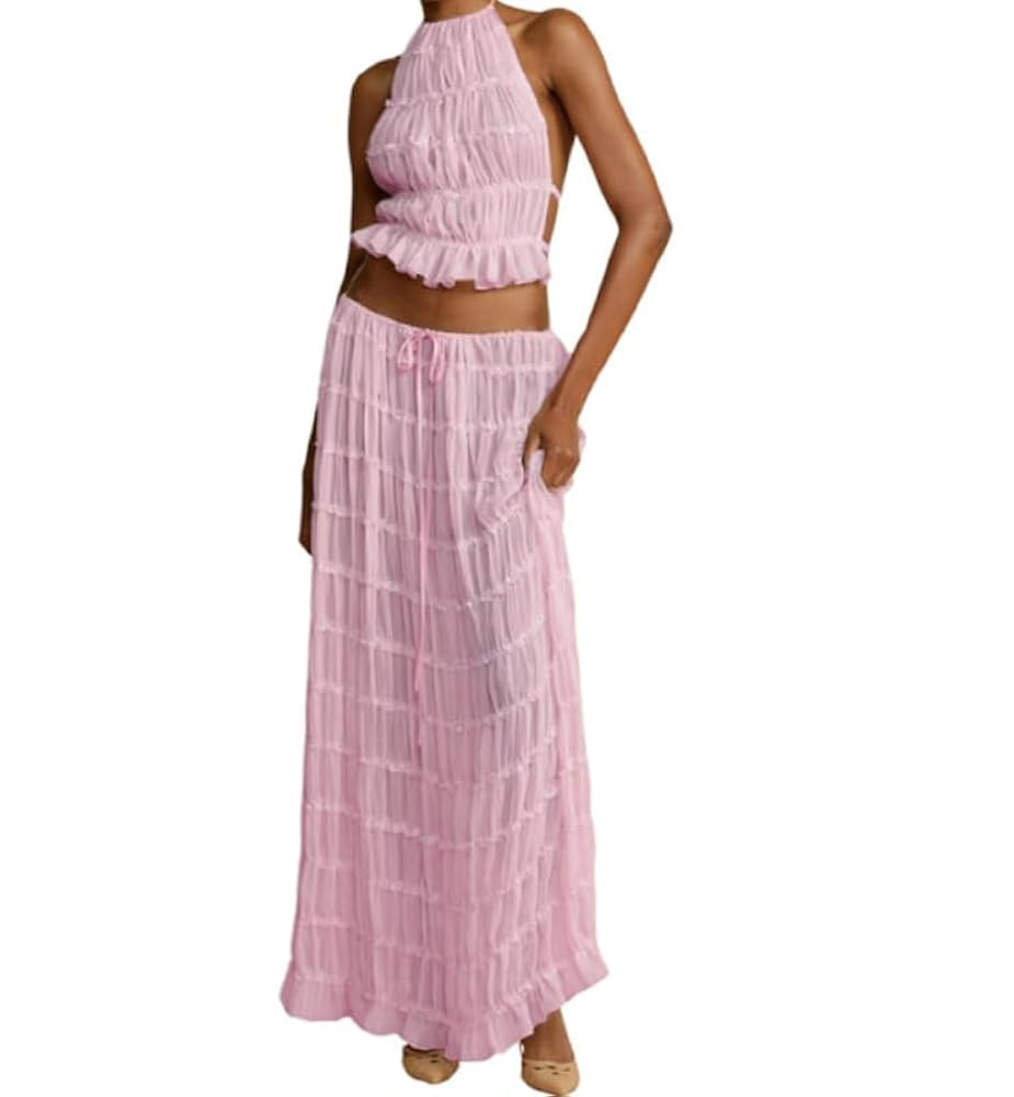 Womens 2 Piece Maxi Skirt Set Lace Up Sleeveless Tank Top and Flowy Long Skirt 2024 Summer Beach ... | Amazon (US)