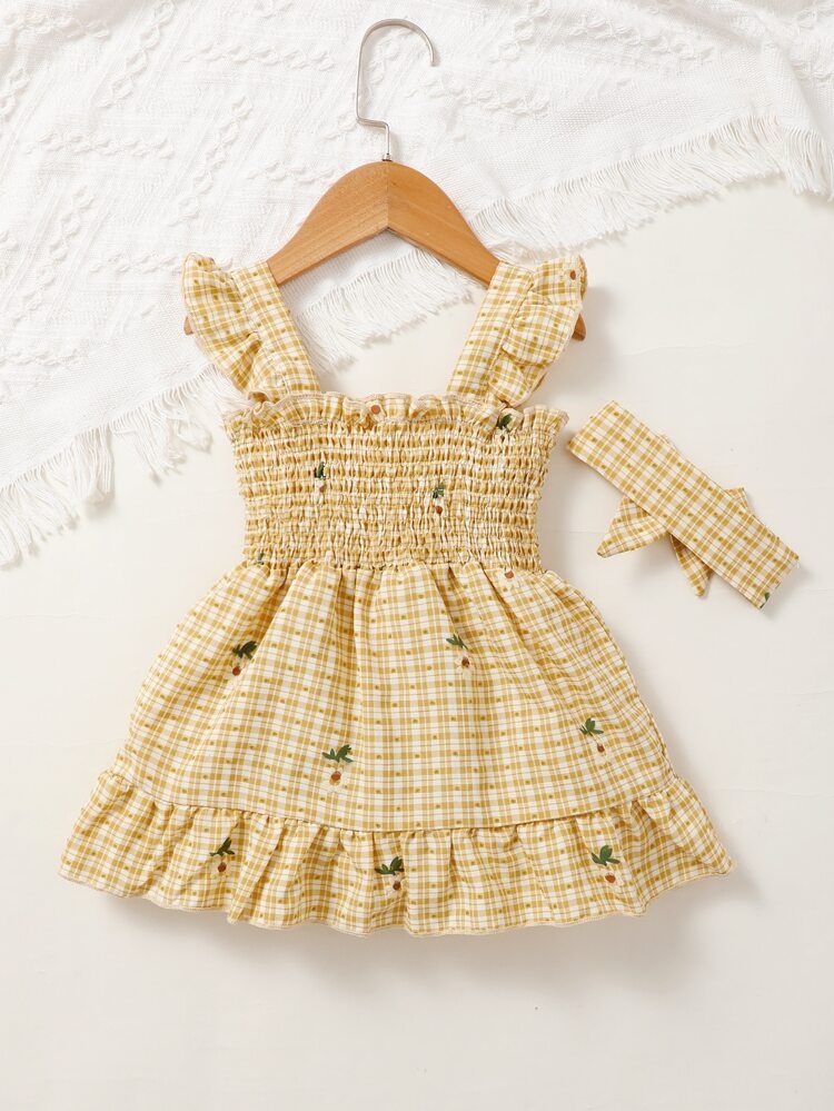 Baby Plaid Floral Print Ruffle Trim Shirred A Line Dress | SHEIN