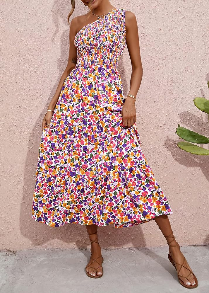 BTFBM Women One Shoulder Sleeveless Casual Summer Dresses Smocked High Waist Floral Print Boho Pleat | Amazon (US)